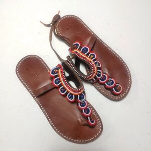 Beaded Leather Sandals - Brown and Multicolor Size 3.5